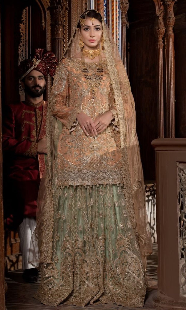 Beautiful Indian bridal outfit for wedding in lavish peach color # B3304