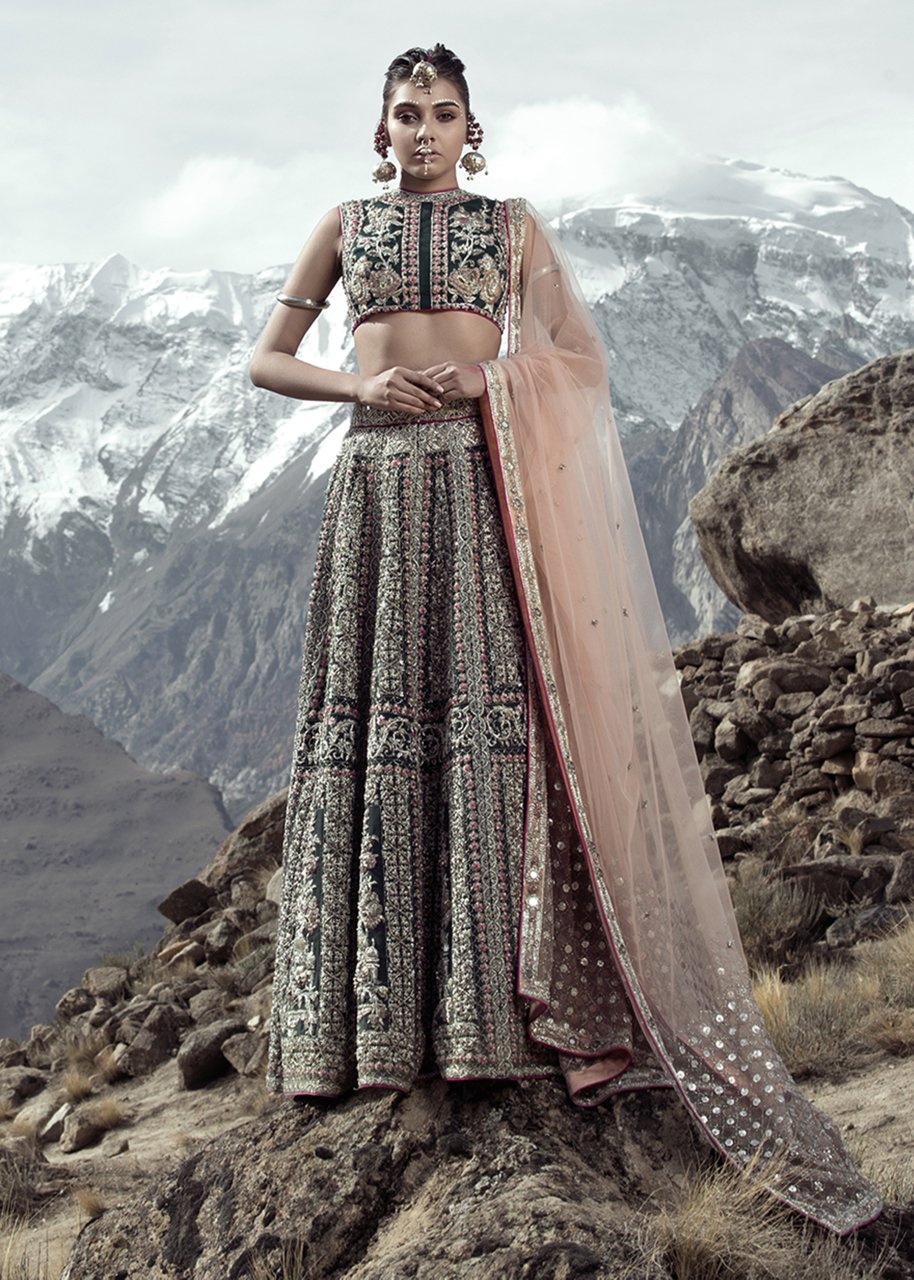 Latest Indian bridal skirt dress in green color for wedding wear # B3411