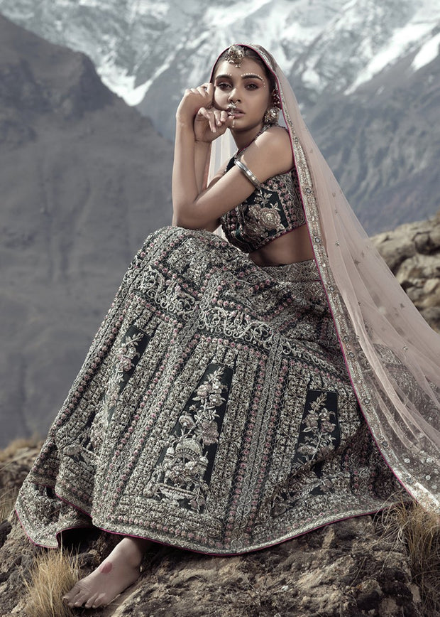 Indian bridal skirt dress in green color for wedding wear Nameera by Farooq Indian bridal skirt dress in green color for wedding wear Nameera by Farooq