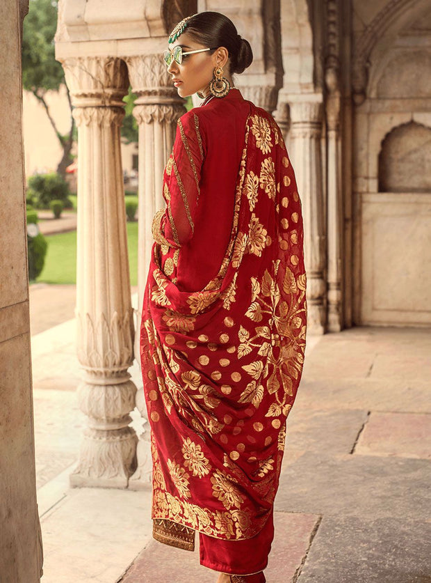 Beautiful embroidered Indian chiffon outfit in lavish red color # P2344