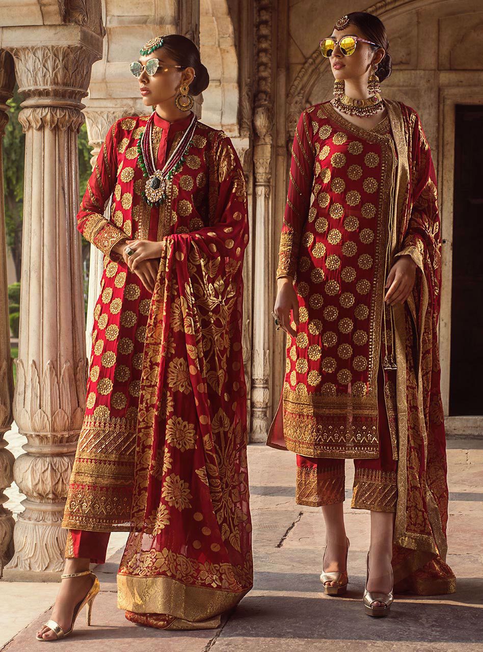 Beautiful embroidered Indian chiffon outfit in lavish red color # P2344