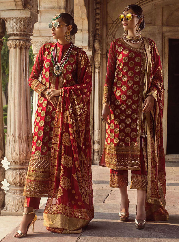 Beautiful embroidered Indian chiffon outfit in lavish red color # P2344