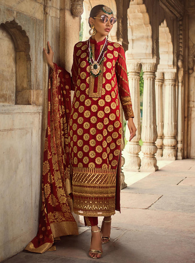 Beautiful embroidered Indian chiffon outfit in lavish red color