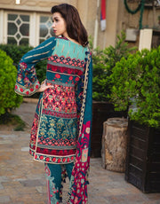 Beautiful Indian designer linen outfit in cyan green color # P2411