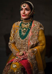 Indian embroidered bridal lehnga dress in mustard and pink color # B3392