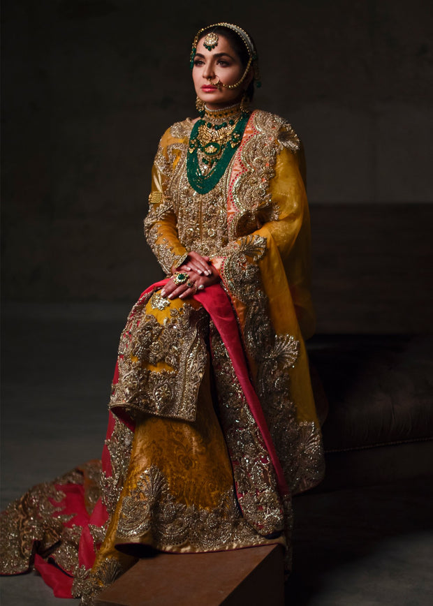 Indian embroidered bridal lehnga dress in mustard and pink color # B3392