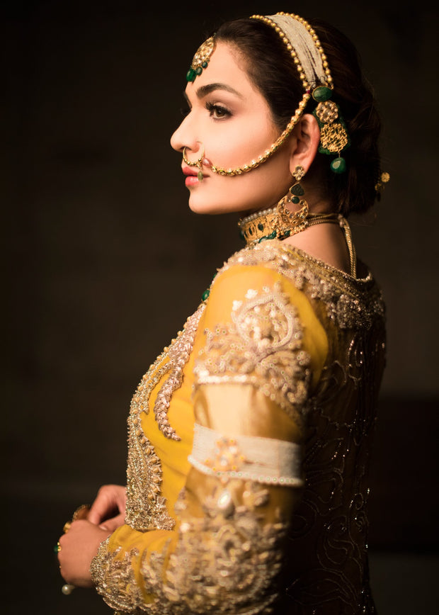 Indian embroidered bridal lehnga dress in mustard and pink color # B3392