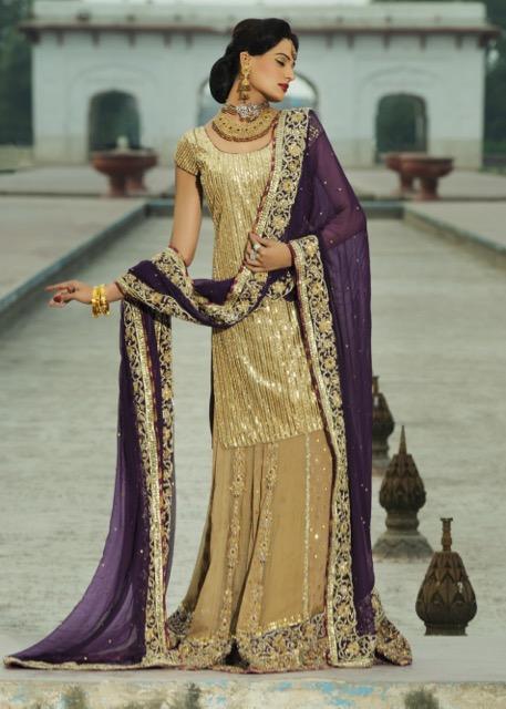 Latest Indian embroidered bridal outfit in gold and purple color # B3382