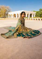 Indian embroidered frock dress for bridal wear in dull gold color # B3388
