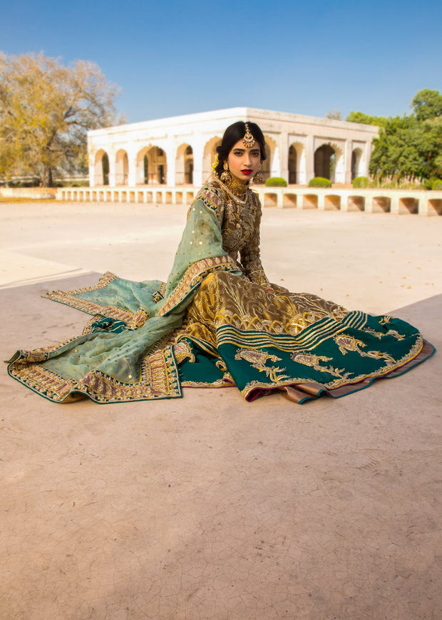 Indian embroidered frock dress for bridal wear in dull gold color # B3388