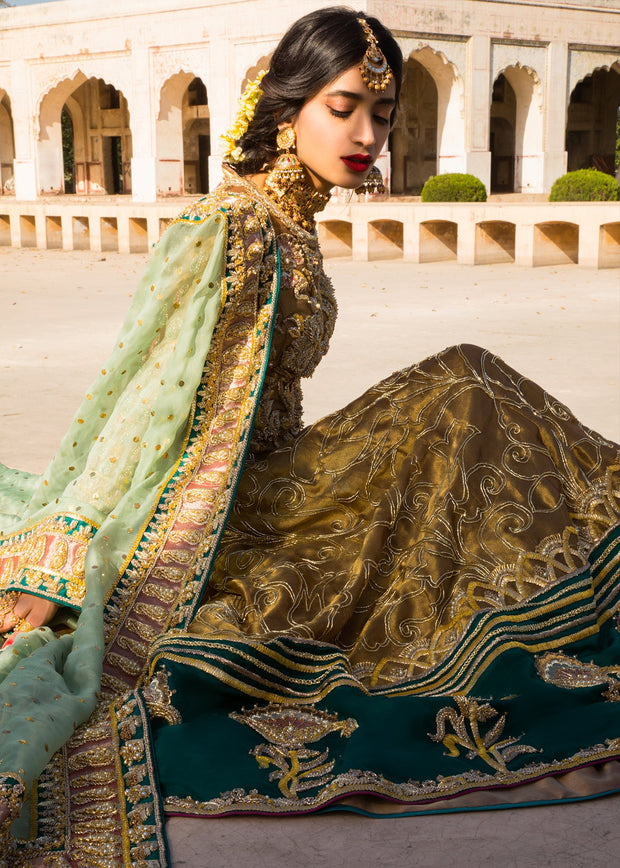 Indian embroidered frock dress for bridal wear in dull gold color # B3388