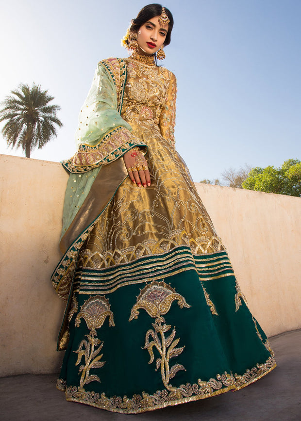 Indian embroidered frock dress for bridal wear in dull gold color # B3388