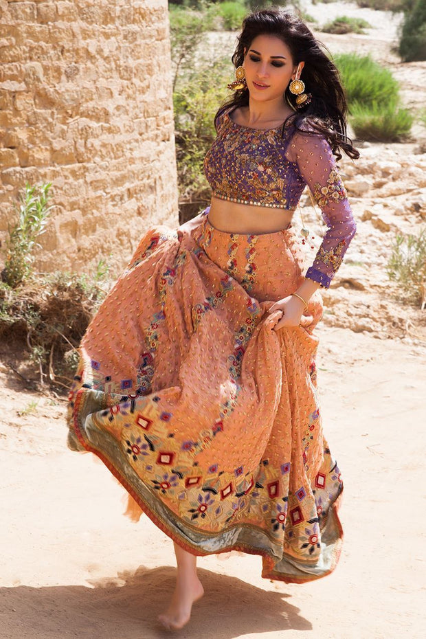 Beautiful Indian ghaghra choli dress in purple and peach color