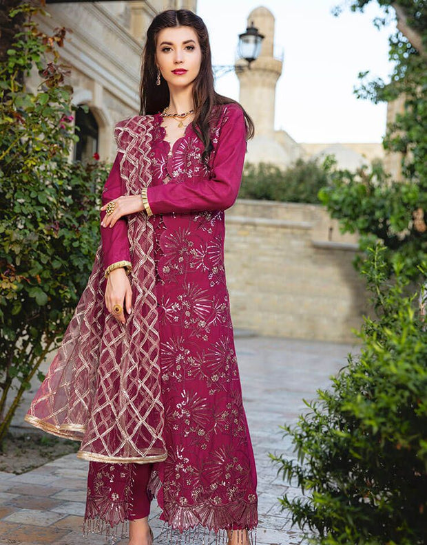 Indian linen dress embroidered in pink maroon color Nameera by Farooq Indian linen dress embroidered in pink maroon color Nameera by Farooq