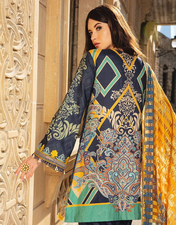 Beautiful embroidered Indian linen outfit in dark blue color # P2409