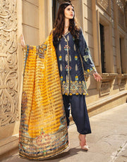 Beautiful embroidered Indian linen outfit in dark blue color