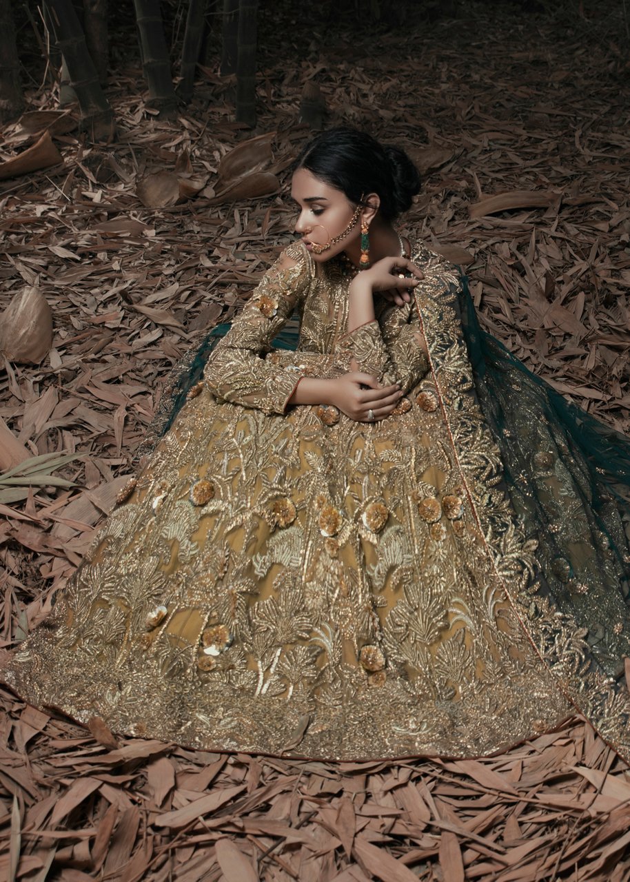 Latest embellished Indian lining dress in gold color for wedding wear # B3405