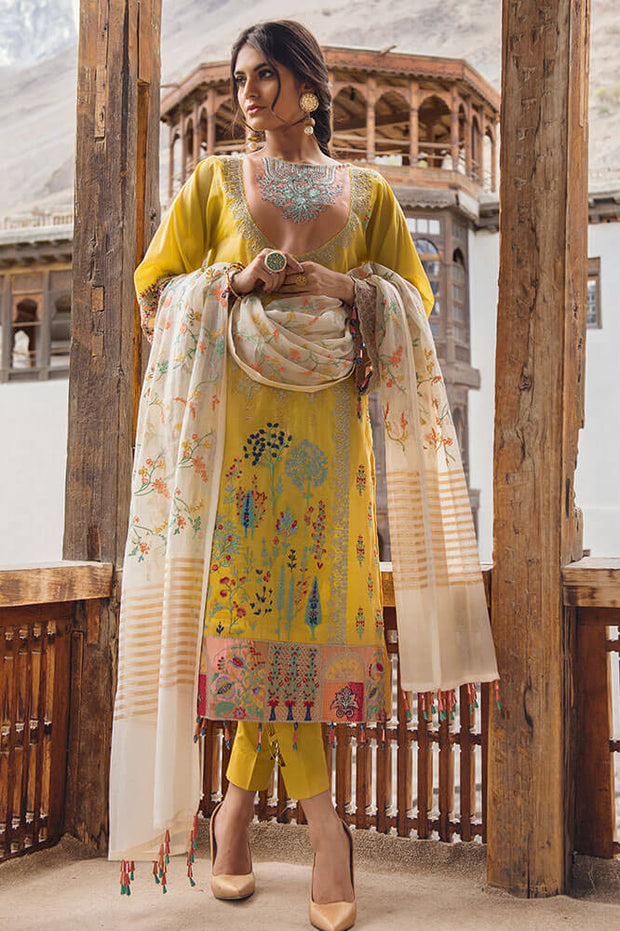 Beautiful Indian masuri embroidered dress in yellow color # P2380