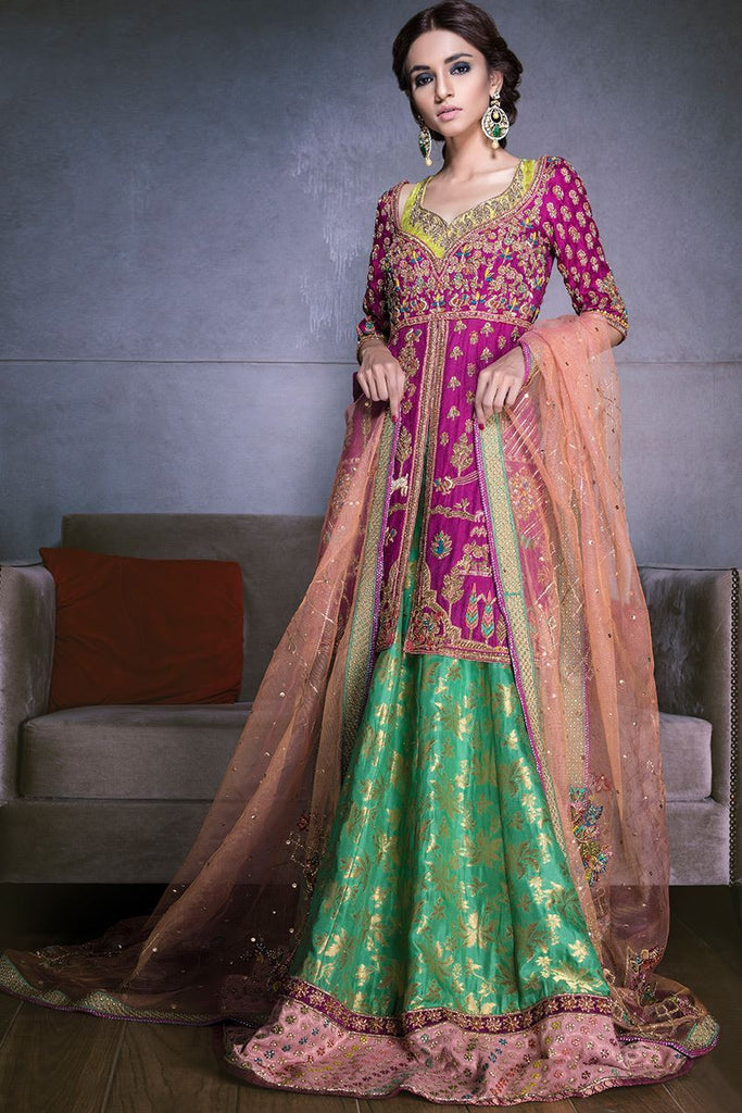pink and green mehndi dress strapless open back dress Mehndi Green Yarn Dyed 3 Piece Stitched