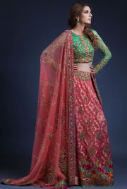 Indian mehndi lehnga dress in pink and green color