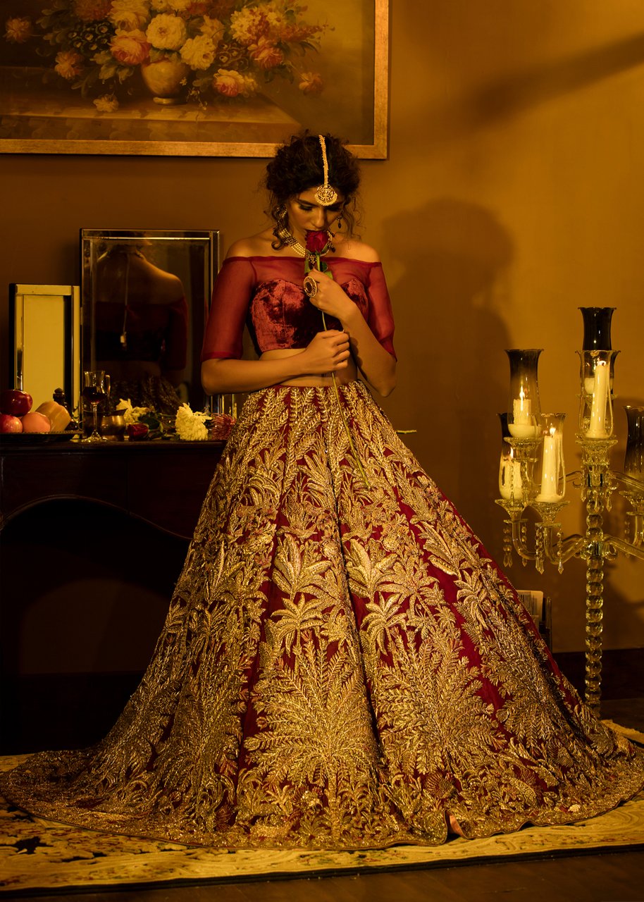Latest embellished Indian skirt dress in red color for wedding wear # B3404