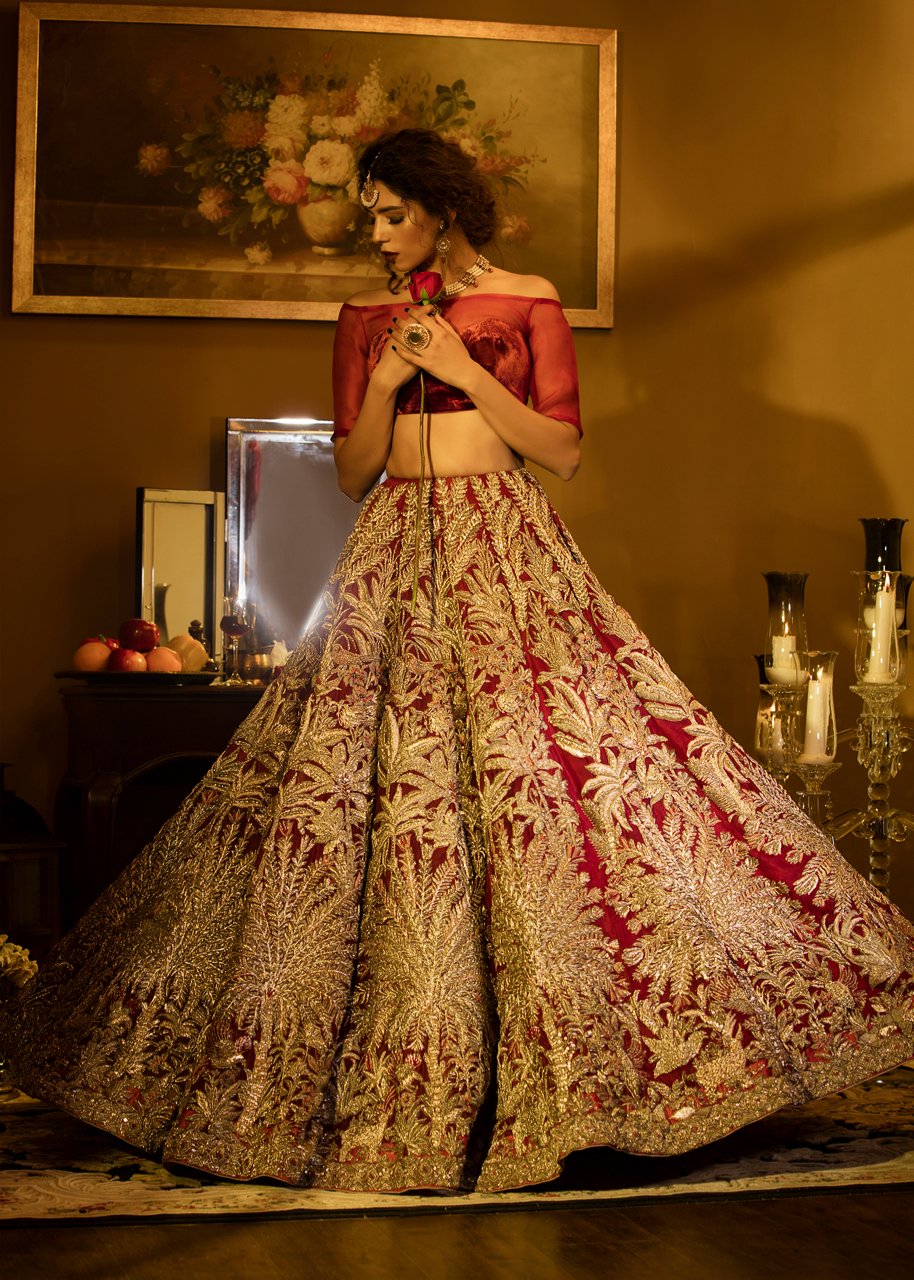Latest embellished Indian skirt dress in red color for wedding wear