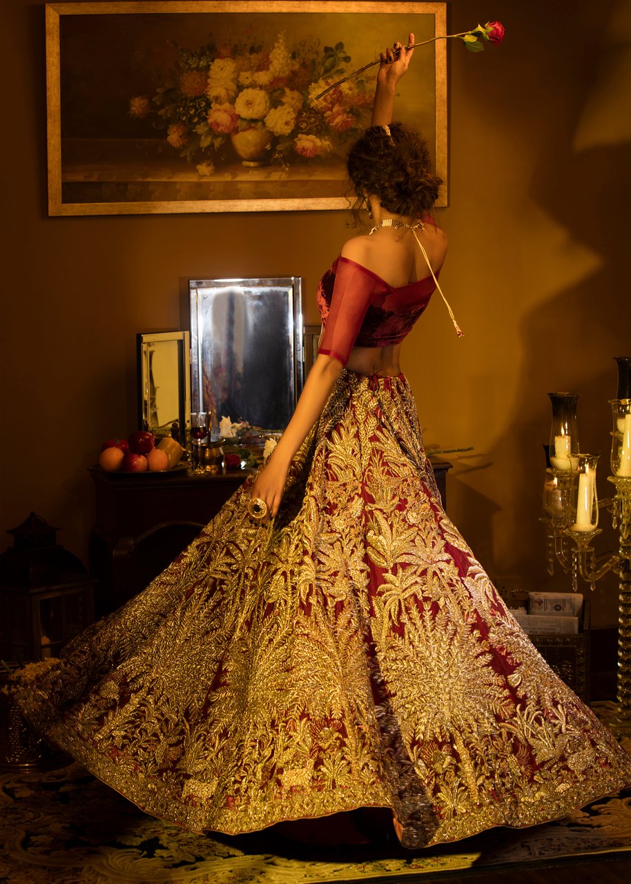 Latest embellished Indian skirt dress in red color for wedding wear # B3404