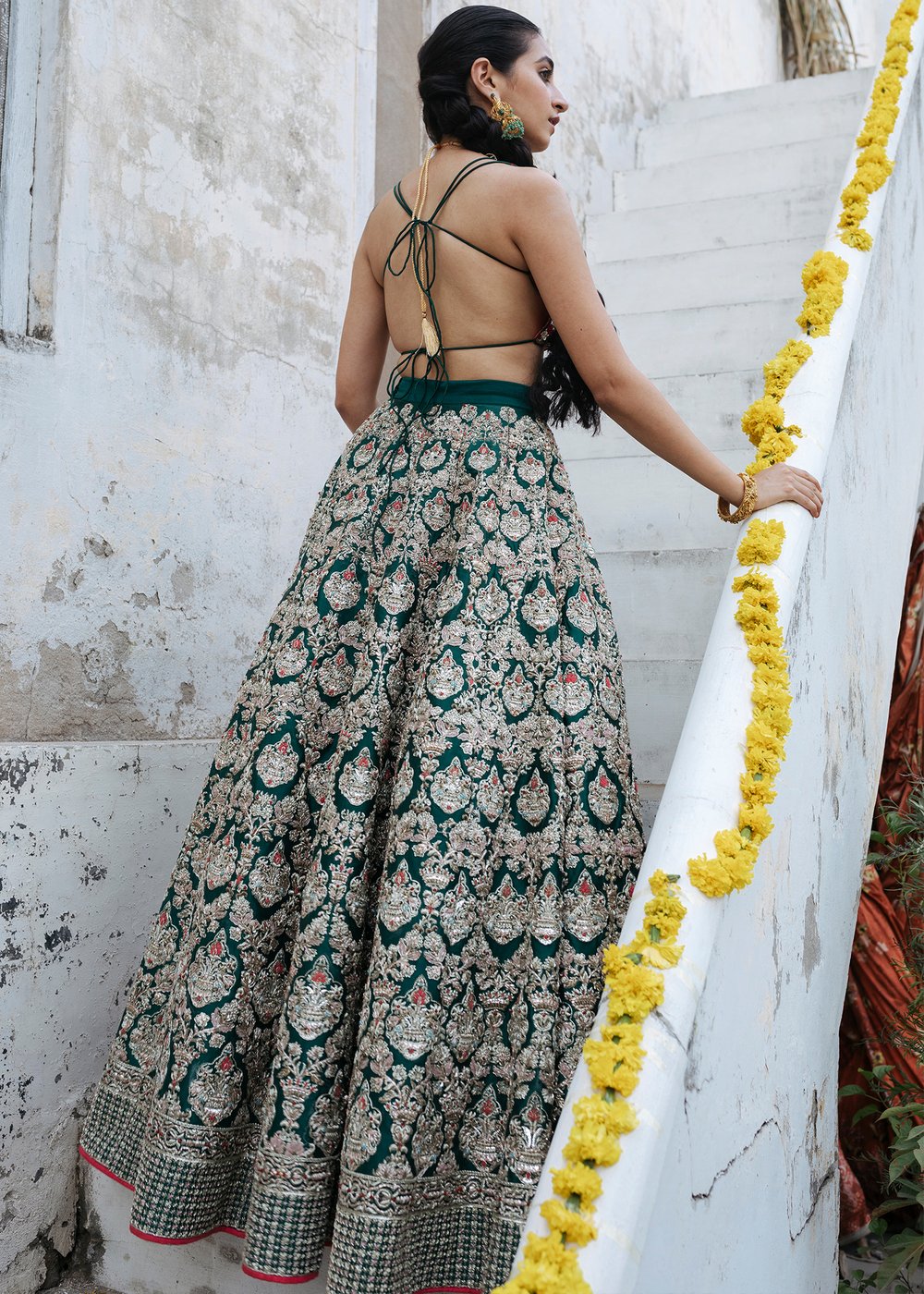 Indian wedding outfit in red and green color for wedding wear # B3416