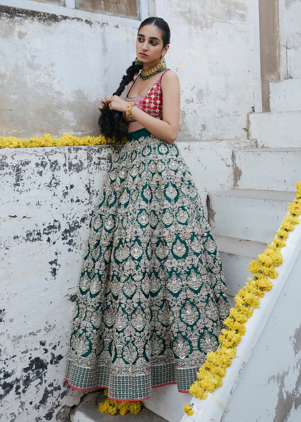 Indian wedding outfit in red and green color for wedding wear # B3416
