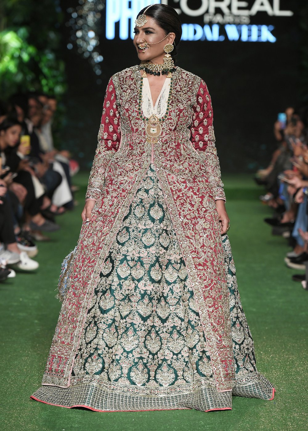 Indian wedding outfit in red and green color for wedding wear # B3416