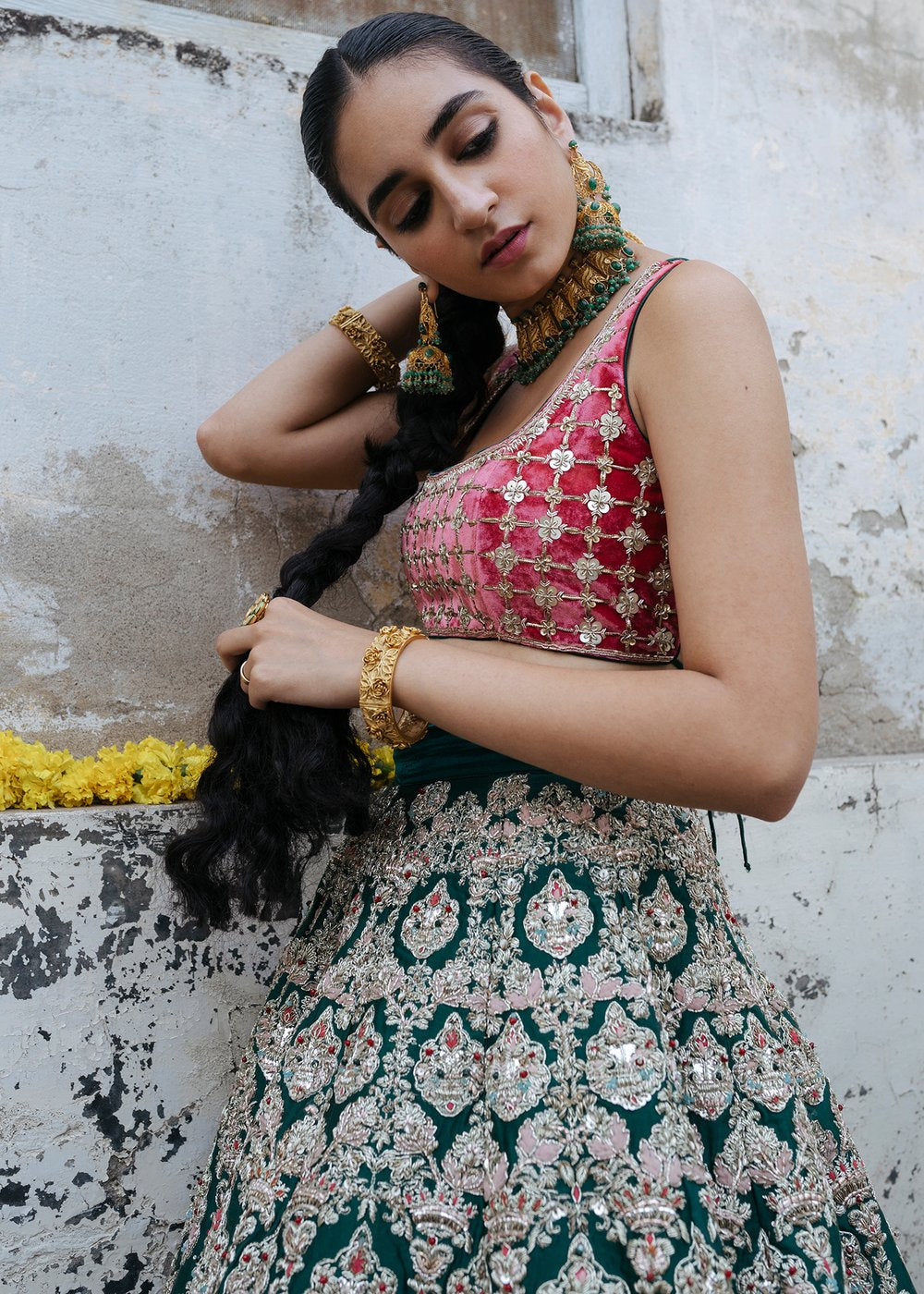 Indian wedding outfit in red and green color for wedding wear