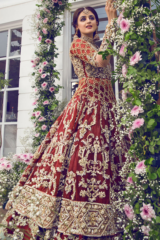 Latest beautiful Indian designer wedding dress in wine red color # B3458
