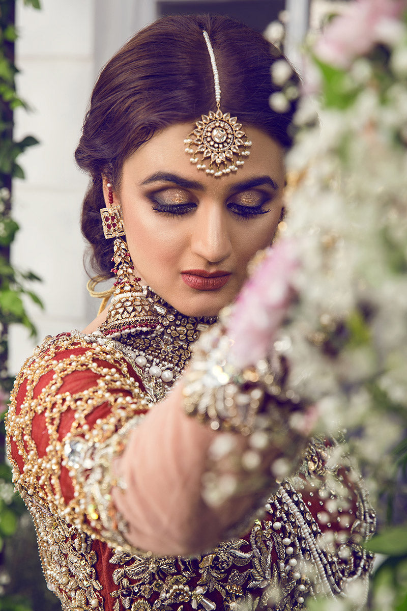 Indian designer wedding dresses with gold tilla work Nameera by Farooq