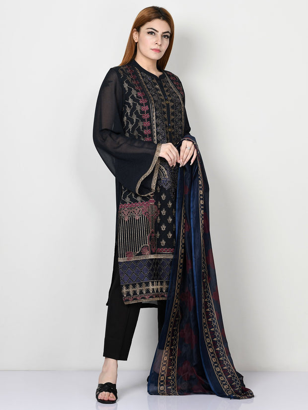 Embroidered Chiffon Black Suit 2021