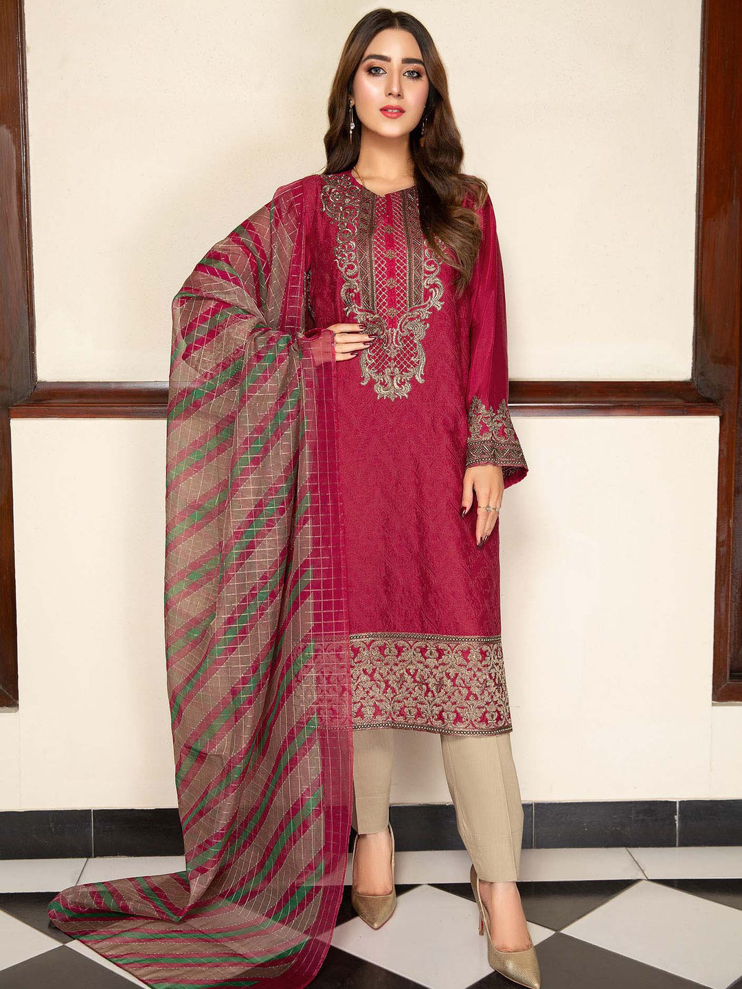 Latest Embroidered Chiffon Thai Silk Suit 2021