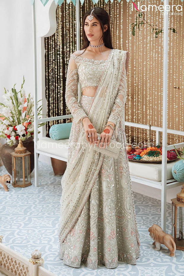 Ivory Colored Net Lehenga Choli Bridal Dress