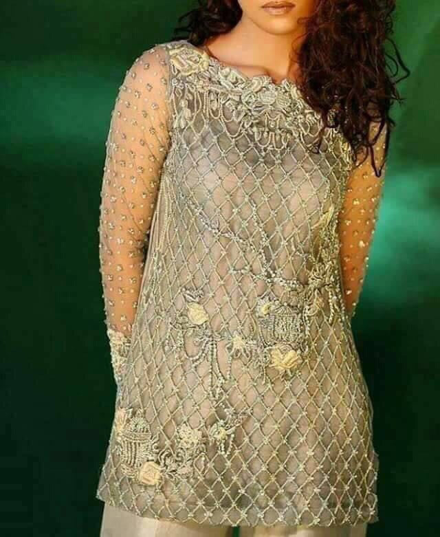 Grey Wedding Party Dress With Full Jaal Work Pearl Dabka & Flowers Model #P 156