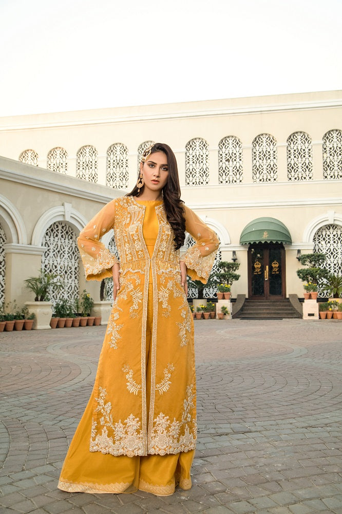 Elegant Mustard Yellow Pakistani Bridal Dress - Jacket Sharara
