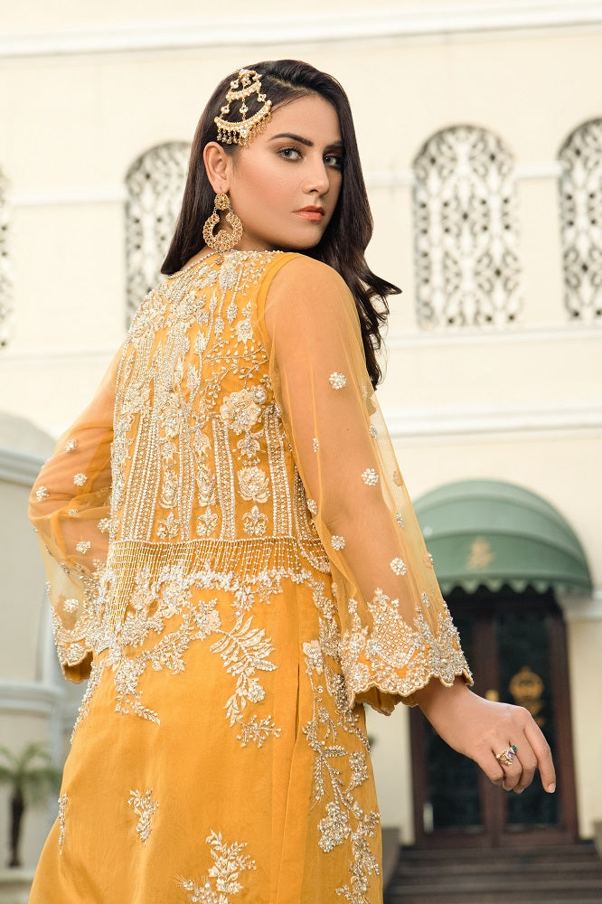 Elegant Mustard Yellow Pakistani Bridal Dress - Jacket Sharara