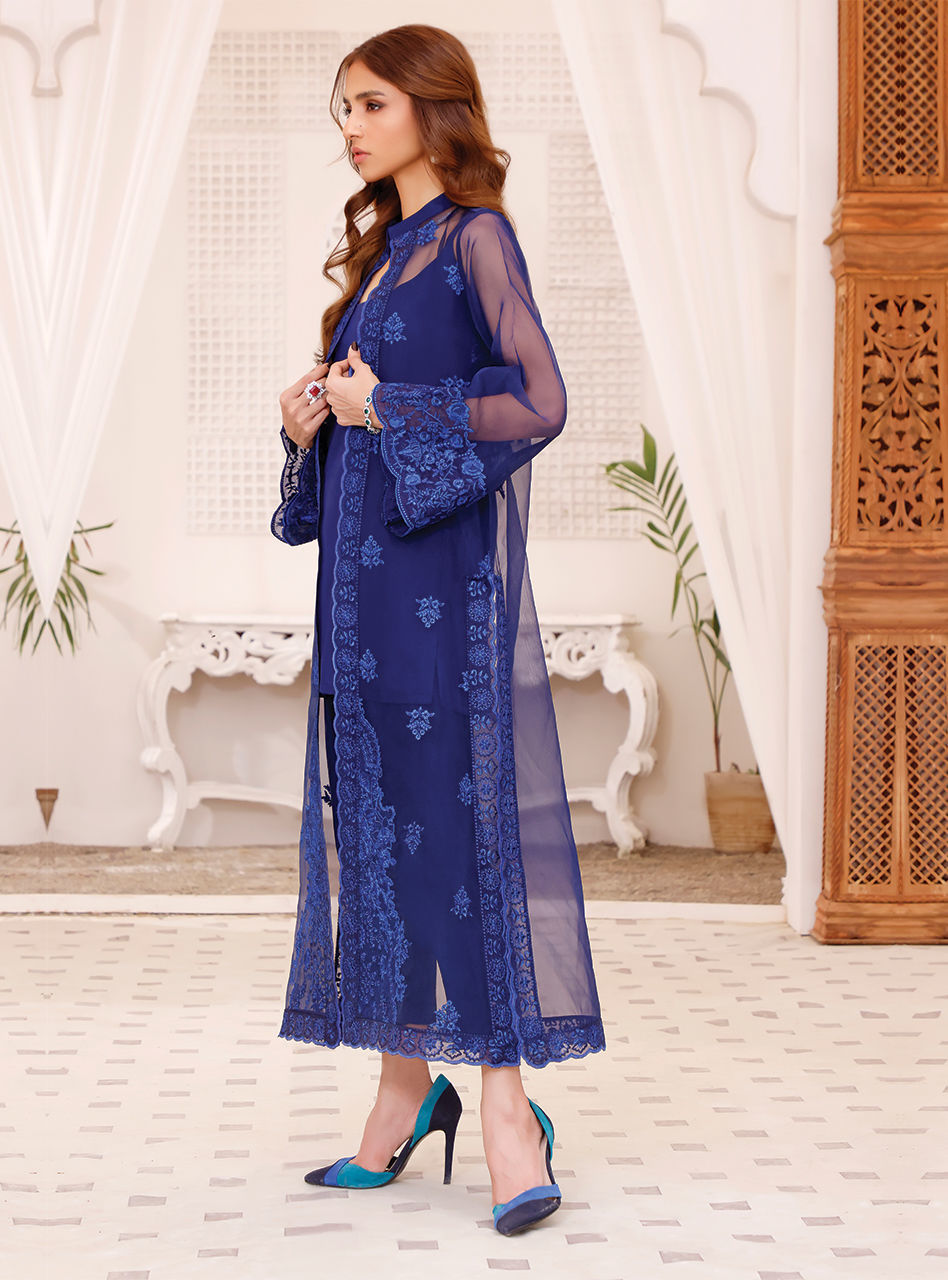 Jacket Style Embroidered Pakistani Blue Dress for Eid Day