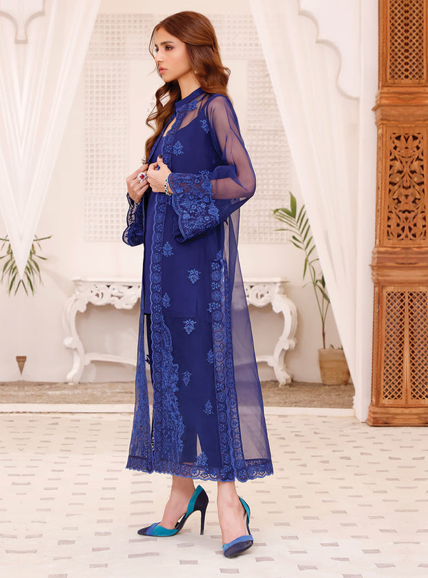 Jacket Style Embroidered Pakistani Blue Dress for Eid Day