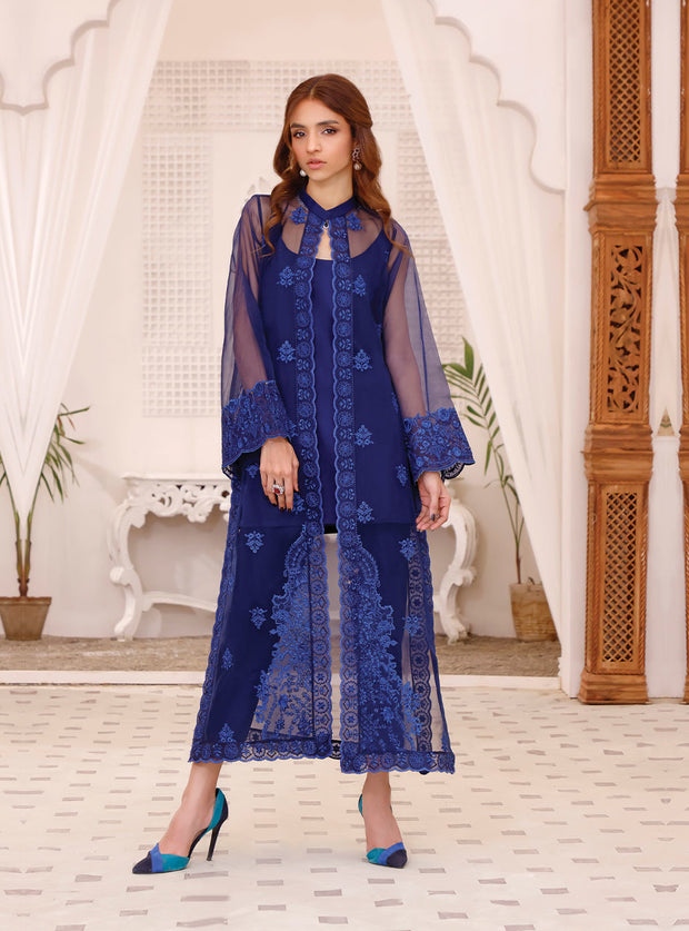 Latest Jacket Style Embroidered Pakistani Blue Dress for Eid Nameera by Farooq Latest Jacket Style Embroidered Pakistani Blue Dress for Eid Nameera by Farooq