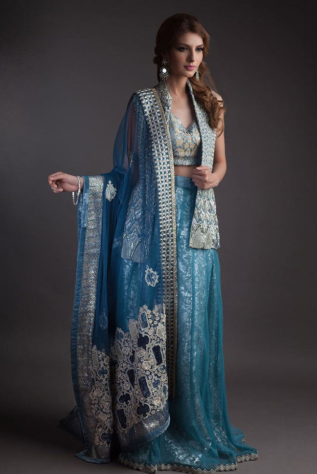 Alluring Jacket lehnga dress in blue and silver color 