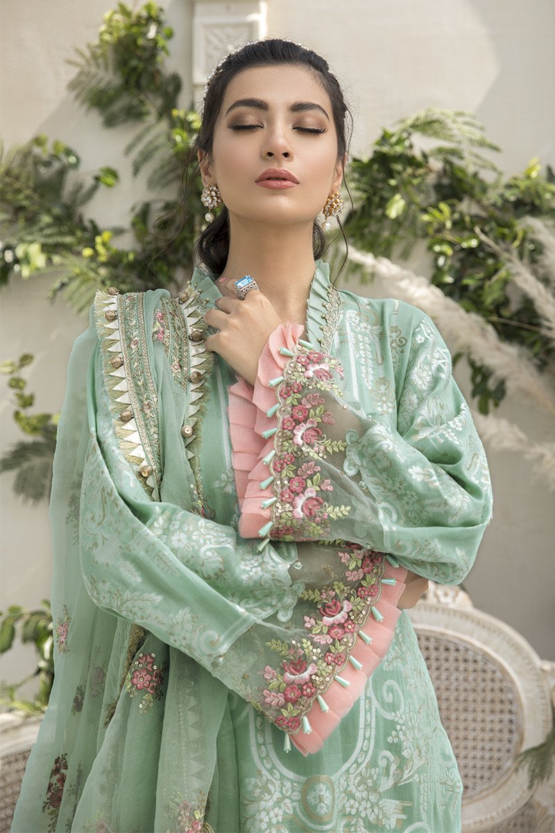 Jacquard Embroidered Dress in Sea Green Color Nameera by Farooq