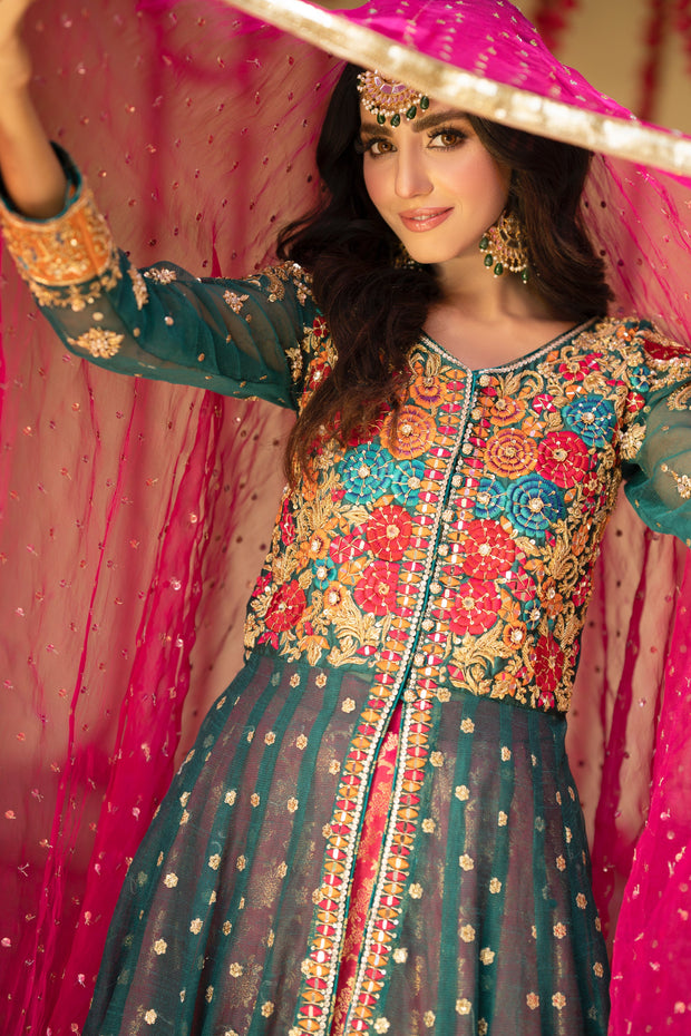 Jamawar Lehenga and Open Pishwas Pakistani Bridal Dress Online