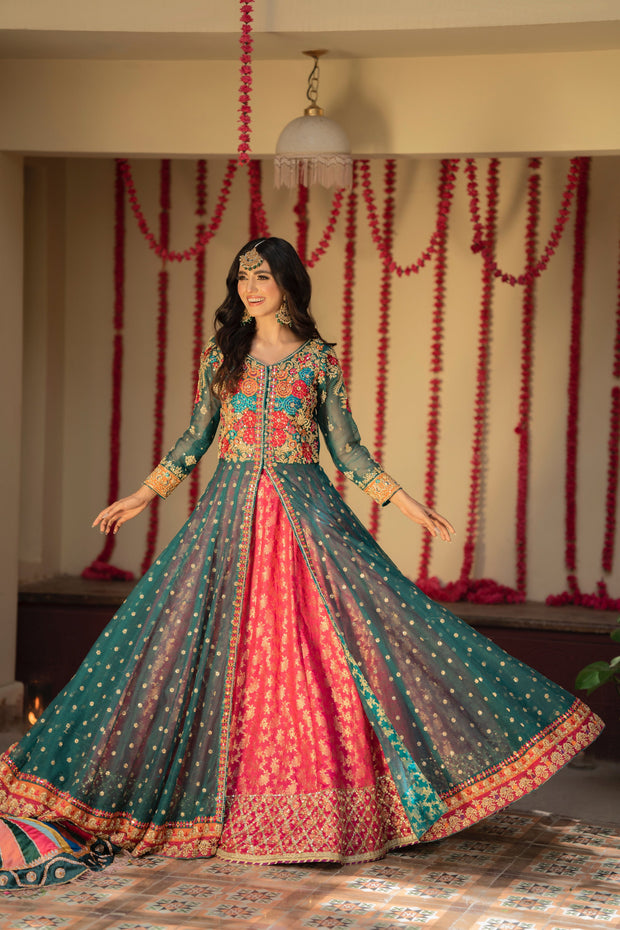 Jamawar Lehenga and Open Pishwas Pakistani Bridal Dress