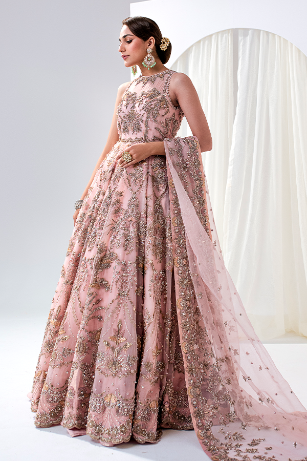 Jamawar Pink Lehenga with Organza Gown and Embellished Dupatta Pakistani Bridal Dress