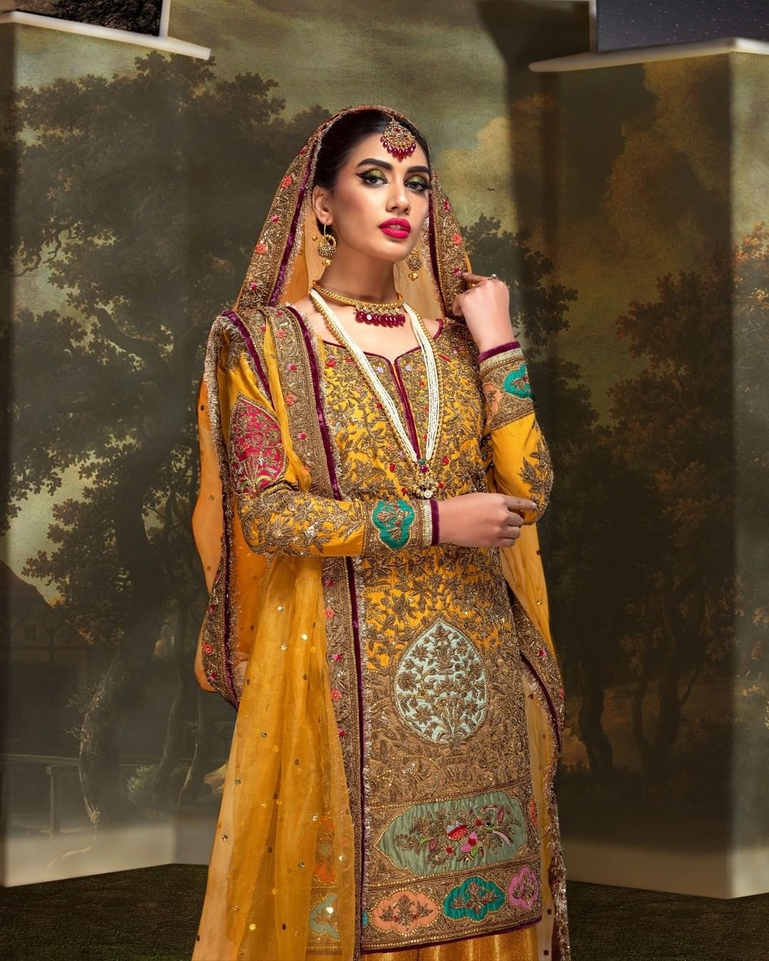 Stunning Mustard Jamawar Sharara Kameez - Pakistani Bridal Dress