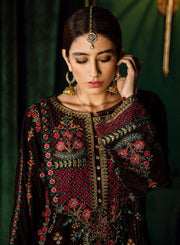 Beautiful Pakistani jamawar and velvet embroidered dress in brown color # P2465