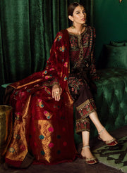 Beautiful Pakistani jamawar and velvet embroidered dress in brown color